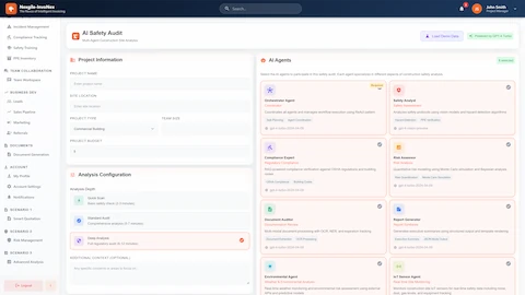 AI Safety Audit Configuration - Project details form with analysis depth options (Quick Scan/Standard/Deep Analysis) and 8 selectable AI agents for specialized safety assessments.